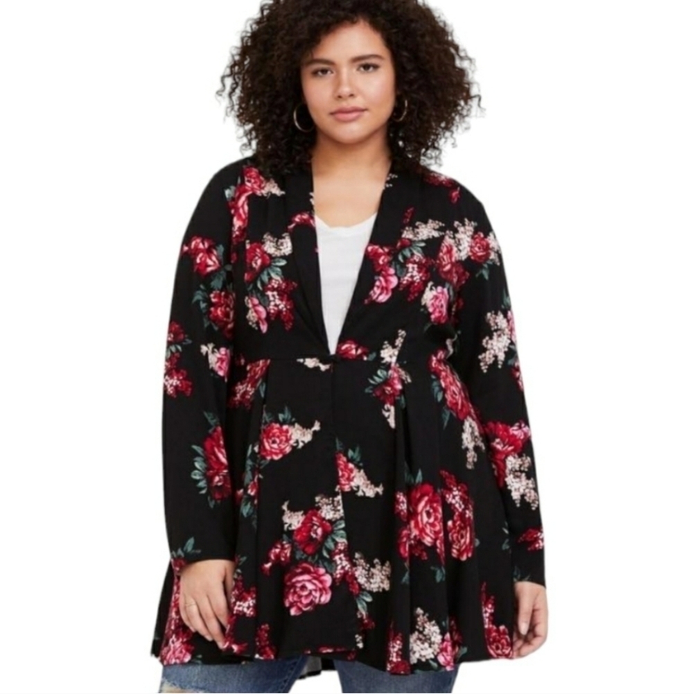 Torrid 6 Black Floral Jacket Twill Fit & Flare Blazer Coat Long 30W Plus 6X